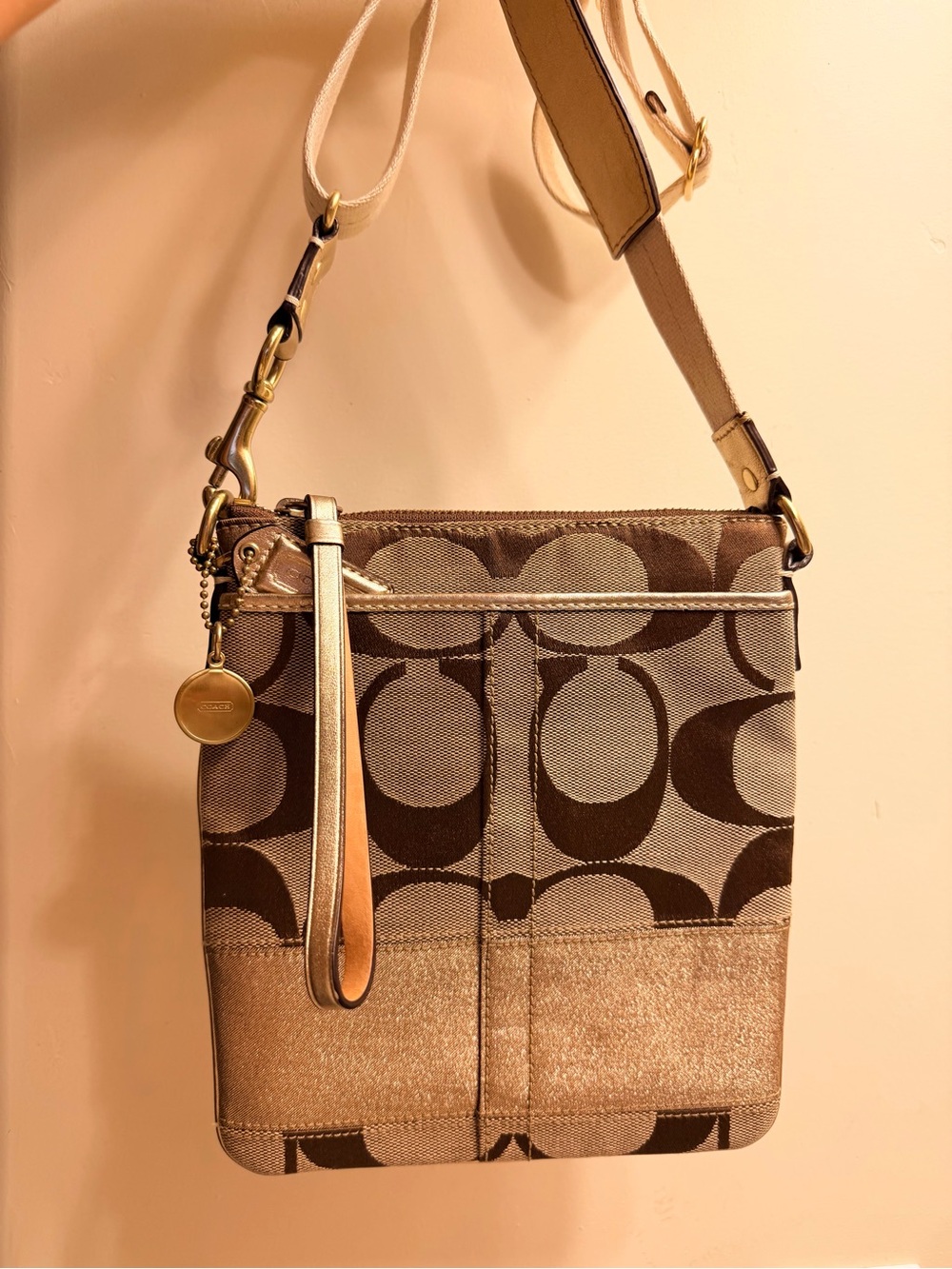 Coach Brown Signature Canvas Crossbody with Gold Accents